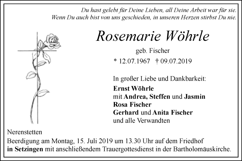  Traueranzeige für Rosemarie Wöhrle vom 12.07.2019 aus SÜDWEST PRESSE Ausgabe Ulm/Neu-Ulm