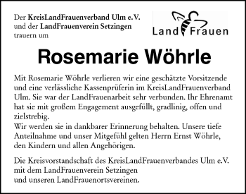 Traueranzeige von Rosemarie Wöhrle von SÜDWEST PRESSE Ausgabe Ulm/Neu-Ulm