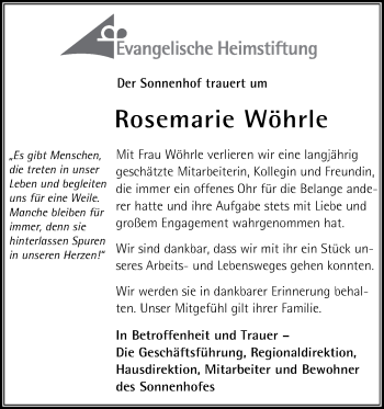 Traueranzeige von Rosemarie Wöhrle von SÜDWEST PRESSE Ausgabe Ulm/Neu-Ulm