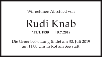 Traueranzeige von Rudi Knab von Hohenloher Tagblatt