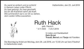 Traueranzeige von Ruth Hack von NWZ Neue Württembergische Zeitung