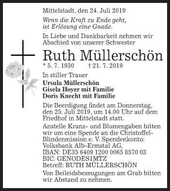 Traueranzeige von Ruth Müllerschön von Metzinger-Uracher Volksblatt