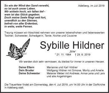 Traueranzeige von Sybille Hildner von NWZ Neue Württembergische Zeitung