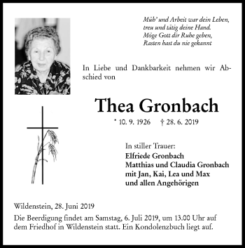 Traueranzeige von Thea Gronbach von Hohenloher Tagblatt