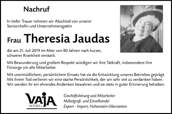 Traueranzeige von Theresia Jaudas von Alb-Bote/Metzinger-Uracher Volksblatt