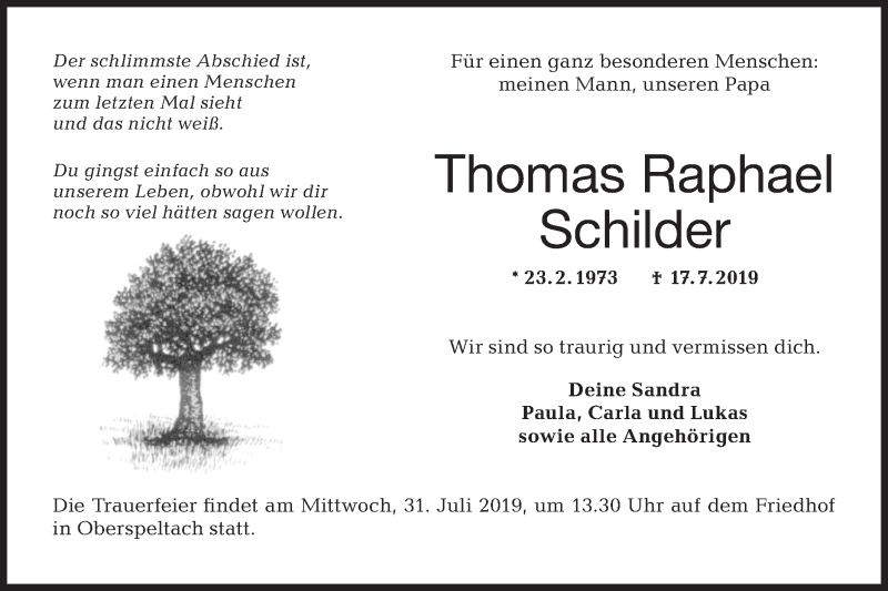  Traueranzeige für Thomas Raphael Schilder vom 27.07.2019 aus Hohenloher Tagblatt