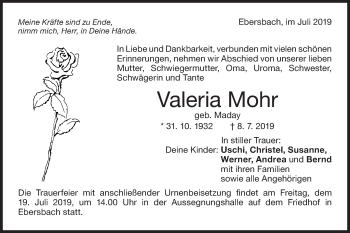 Traueranzeige von Valeria Mohr von NWZ Neue Württembergische Zeitung