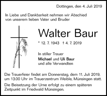 Traueranzeige von Walter Baur von Alb-Bote/Metzinger-Uracher Volksblatt