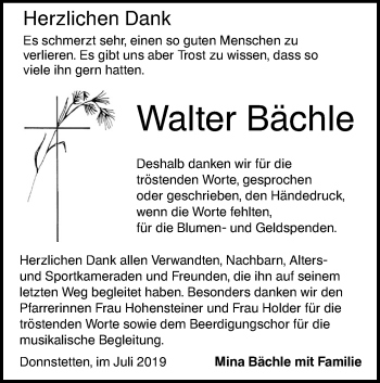 Traueranzeige von Walter Bächle von Alb-Bote/Metzinger-Uracher Volksblatt