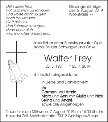 Traueranzeige von Walter Frey von Geislinger Zeitung