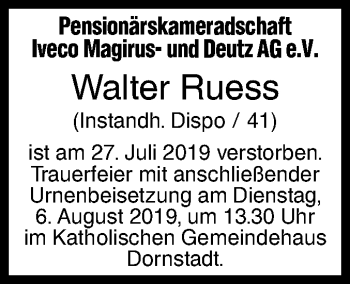 Traueranzeige von Walter Ruess von SÜDWEST PRESSE Ausgabe Ulm/Neu-Ulm