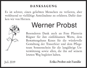 Traueranzeige von Werner Probst von Hohenloher Tagblatt