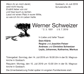 Traueranzeige von Werner Schweizer von Geislinger Zeitung