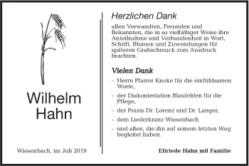 Traueranzeige von Wilhelm Hahn von Hohenloher Tagblatt