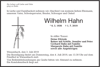 Traueranzeige von Wilhelm Hahn von Hohenloher Tagblatt