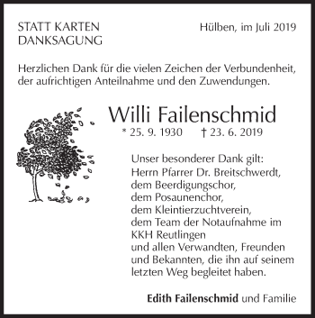 Traueranzeige von Willi Failenschmid von Metzinger-Uracher Volksblatt