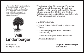 Traueranzeige von Willi Lindenberger von Hohenloher Tagblatt