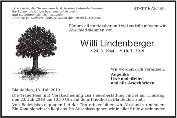 Traueranzeige von Willi Lindenberger von Hohenloher Tagblatt