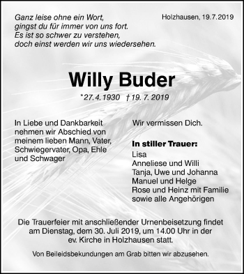 Traueranzeige von Willy Buder von NWZ Neue Württembergische Zeitung