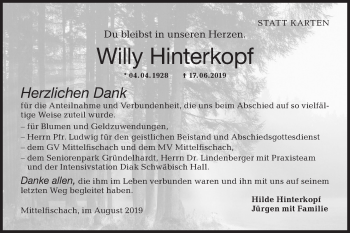 Traueranzeige von Willy Hinterkopf von Haller Tagblatt