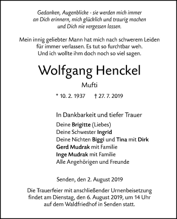 Traueranzeige von Wolfgang Henckel von SÜDWEST PRESSE Ausgabe Ulm/Neu-Ulm