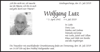 Traueranzeige von Wolfgang Lutz von Geislinger Zeitung