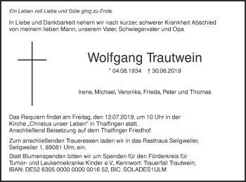 Traueranzeige von Wolfgang Trautwein von SÜDWEST PRESSE Ausgabe Ulm/Neu-Ulm