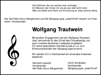 Traueranzeige von Wolfgang Trautwein von SÜDWEST PRESSE Ausgabe Ulm/Neu-Ulm