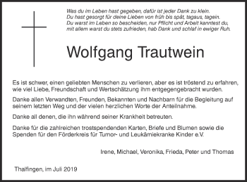 Traueranzeige von Wolfgang Trautwein von SÜDWEST PRESSE Ausgabe Ulm/Neu-Ulm