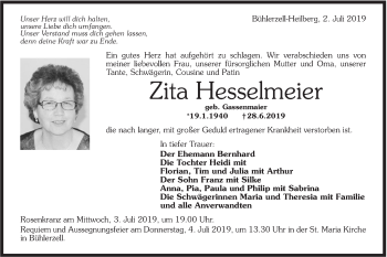 Traueranzeige von Zita Hesselmeier von Haller Tagblatt