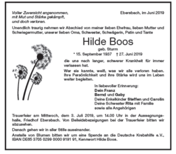 Traueranzeige von Hilde Boos von Südwest Presse Trauer