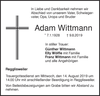 Traueranzeige von Adam Wittmann von Illertal Bote