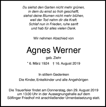 Traueranzeige von Agnes Werner von SÜDWEST PRESSE Ausgabe Ulm/Neu-Ulm