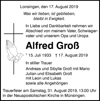 Traueranzeige von Alfred Groß von Alb-Bote/Metzinger-Uracher Volksblatt