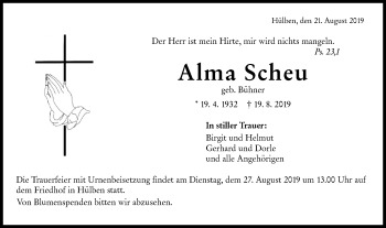 Traueranzeige von Alma Scheu von Metzinger-Uracher Volksblatt