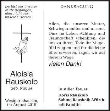 Traueranzeige von Aloisia Rauskolb von Hohenloher Tagblatt