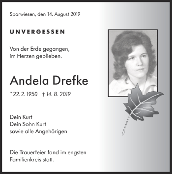 Traueranzeige von Andela Drefke von NWZ Neue Württembergische Zeitung