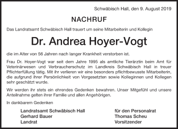 Traueranzeige von Andrea Hoyer-Vogt von Haller Tagblatt