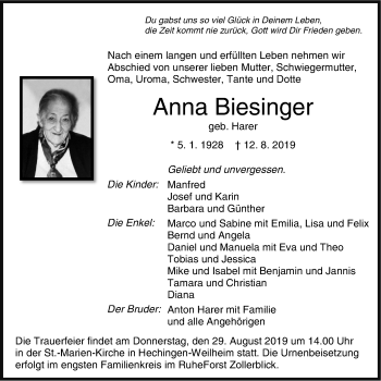 Traueranzeige von Anna Biesinger von Hohenzollerische Zeitung