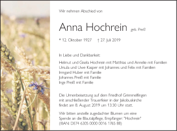Traueranzeige von Anna Hochrein von SÜDWEST PRESSE Ausgabe Ulm/Neu-Ulm