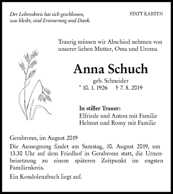 Traueranzeige von Anna Schuch von Hohenloher Tagblatt