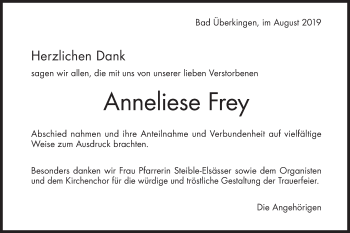 Traueranzeige von Anneliese Frey von Geislinger Zeitung