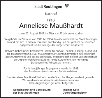 Traueranzeige von Anneliese Maußhardt von Metzinger-Uracher Volksblatt