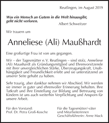 Traueranzeige von Anneliese Maußhardt von Metzinger-Uracher Volksblatt