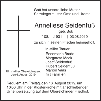 Traueranzeige von Anneliese Seidenfuß von SÜDWEST PRESSE Ausgabe Ulm/Neu-Ulm