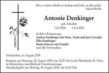 Traueranzeige von Antonie Denkinger von Ehinger Tagblatt