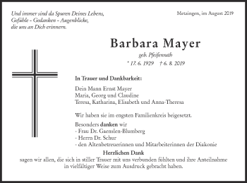 Traueranzeige von Barbara Mayer von Metzinger-Uracher Volksblatt