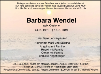 Traueranzeige von Barbara Wendel von Hohenzollerische Zeitung