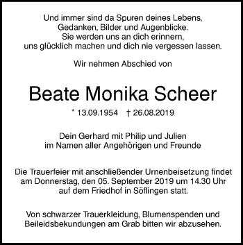 Traueranzeige von Beate Monika Scheer von SÜDWEST PRESSE Ausgabe Ulm/Neu-Ulm