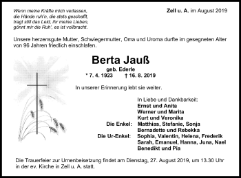 Traueranzeige von Berta Jauß von NWZ Neue Württembergische Zeitung